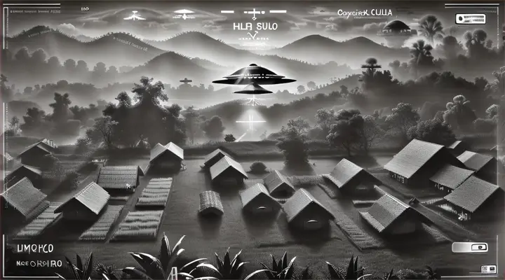 a black and white photo of a flying saucer over a village