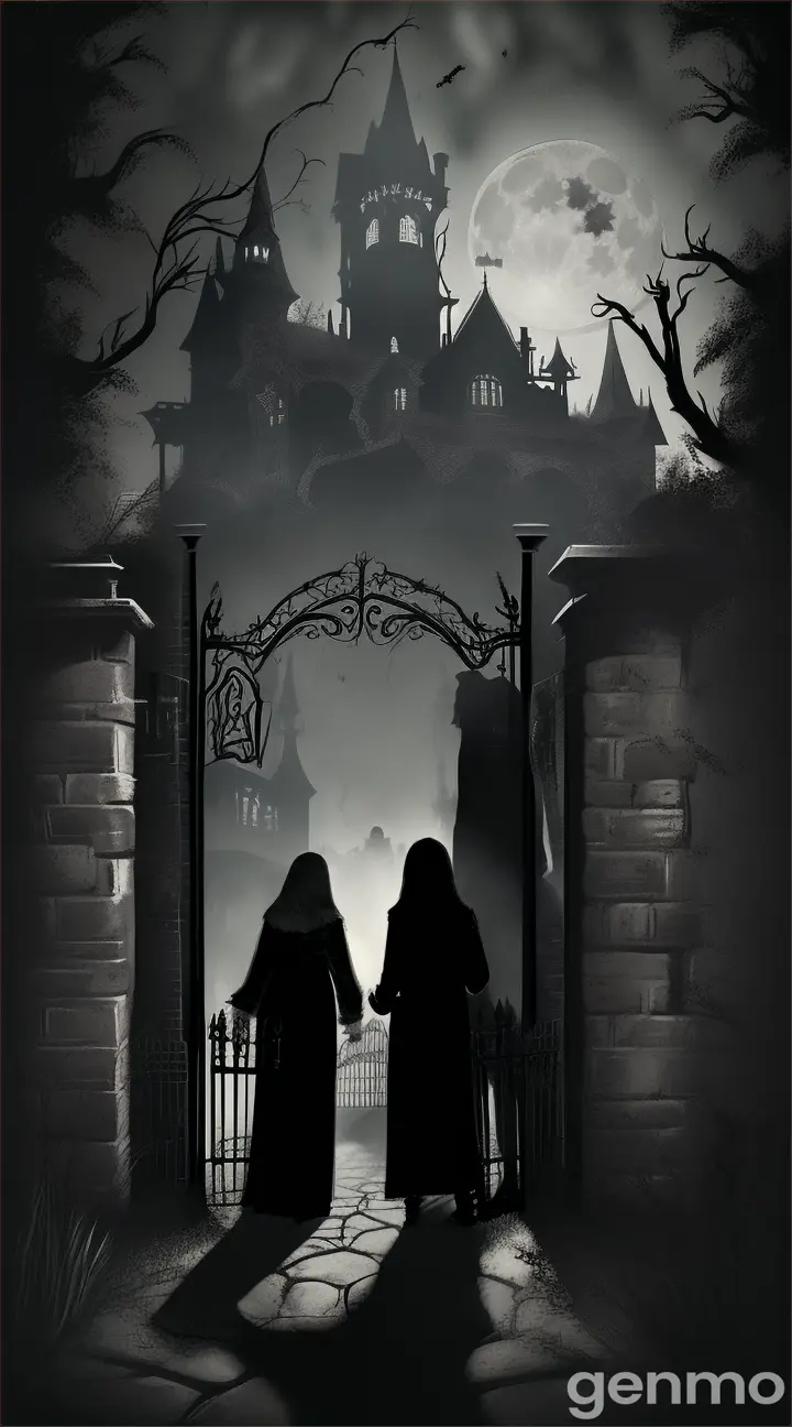 "Four friends nervously approaching and entering a haunted mansion at night, surrounded by an atmosphere of suspense and fear."