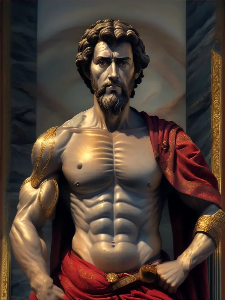 image portrait of stoic philosopher Marcus Aurelius with six packs and cloth wrapped around the shoulder. His appearance looksike t

