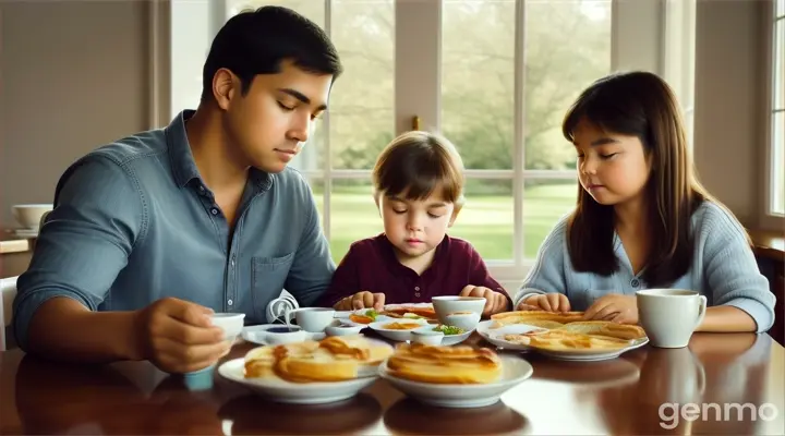 Cinematic, family discussing dog's behavior at breakfast, realistic photography, concerned expressions, morning light --ar 16:9