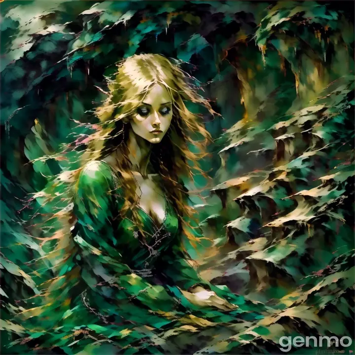 a painting of a woman in a green dress, she looks at me and smiles. Her hair blows in the breeze