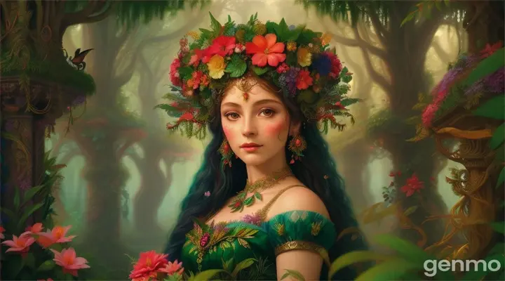 a forest goddess posed in a lush, floral jungle with vibrant colors and fantastical flora