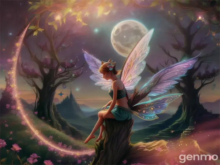 A fairy creature perched atop a crescent moon in a dreamy, pastel-colored sky