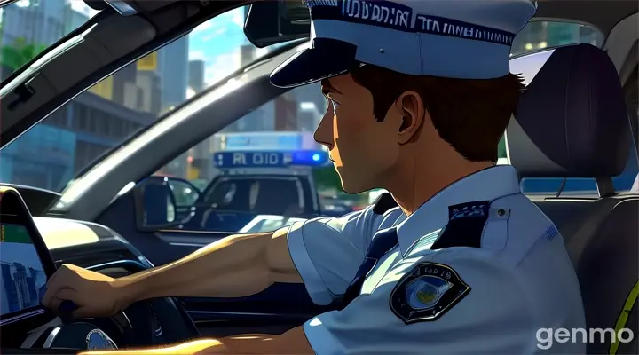 a police officer driving a police car through a city