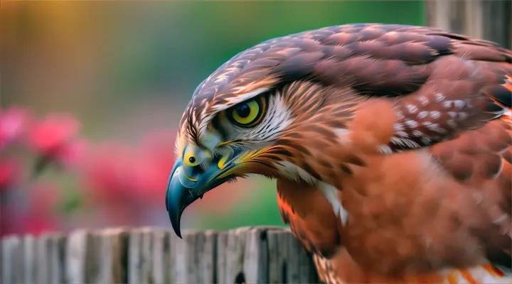 a redtail hawk lands on a fence post overlooking a field of vibrant multicolored wildflowers.