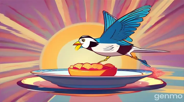 A bird flew from a plate cartoon image 