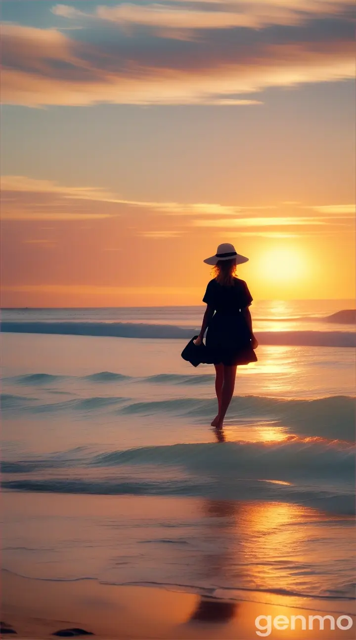 "prompt": "A peaceful, idyllic scene illustrating the freedom and ease of life when one lets go. The image shows a person walking along a tranquil beach at sunset, with warm colors and soft waves. They appear carefree and joyful, embodying the saying 'Life becomes easier when you let go.'", 9:16