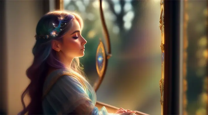 Magical spiritual lady opening a window with beautiful landscape