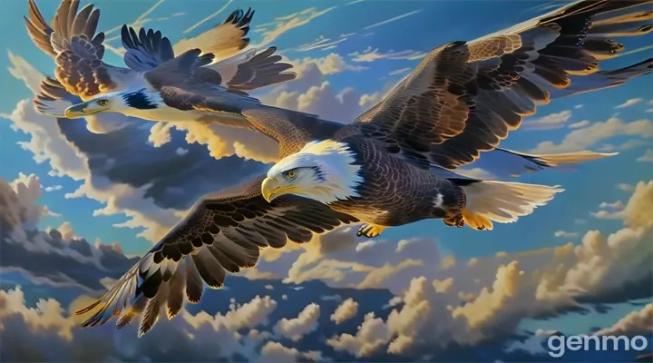 a painting of an eagle flying through the clouds sky