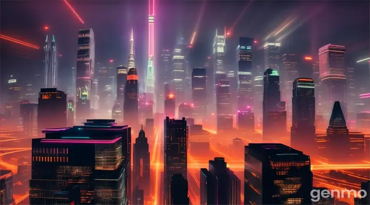 A cityscape of neon lights and glowing nightlife amidst a dark and uncertain energy crisis