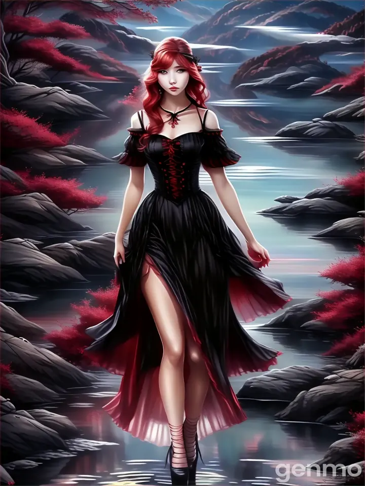 a painting of a woman in a black dress,go