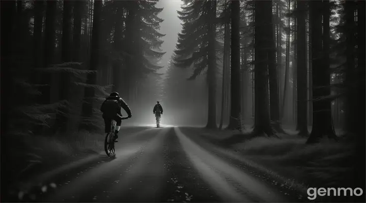 "A young man riding a bicycle through a dark, dense forest at night, illuminated only by the moonlight filtering through the trees."