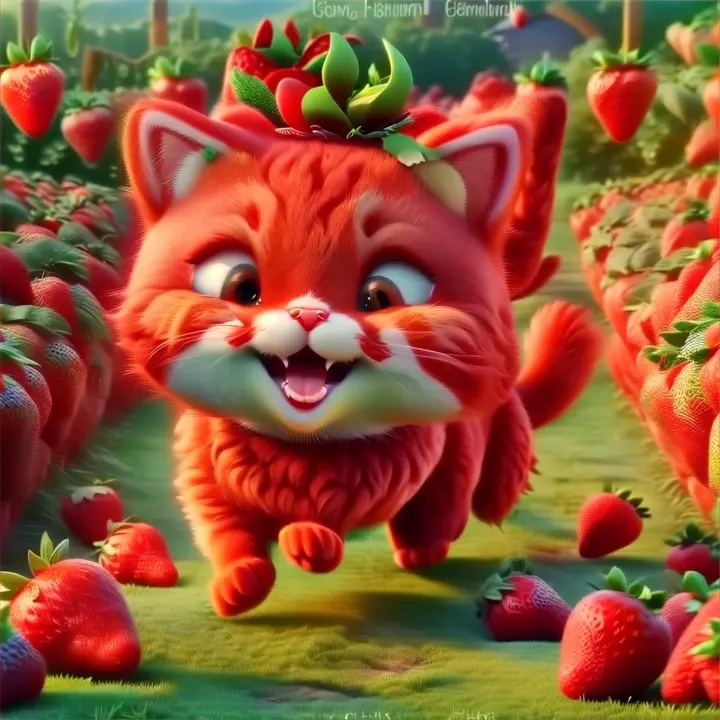 a red cat with a green bow running through a field of strawberries