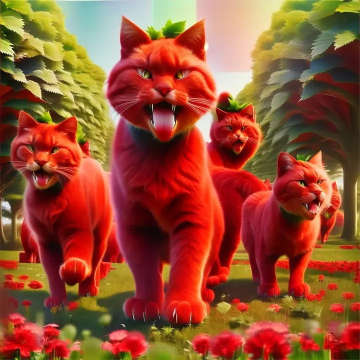 a group of red cats standing on top of a lush green field