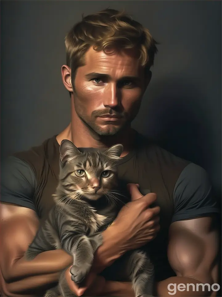 A man holding a cat in his arms, standing in front of a vast countryside view with rolling hills and a bright blue sky
