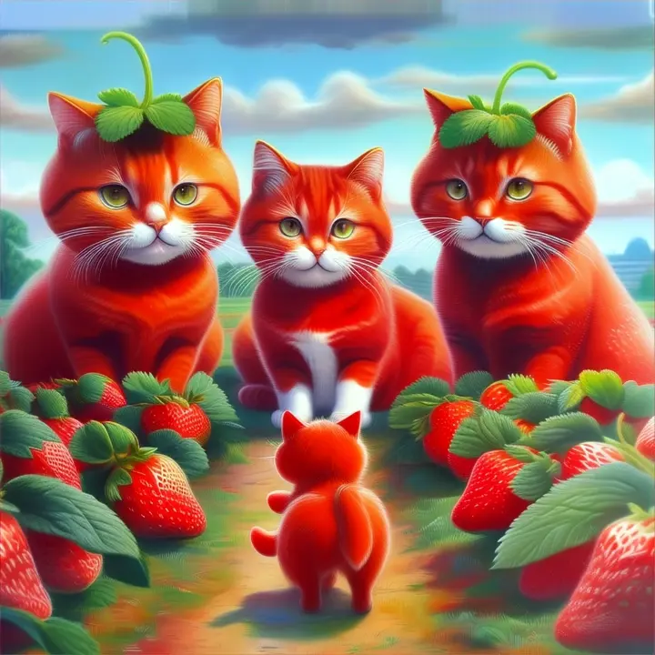 a painting of three cats standing in a strawberry field