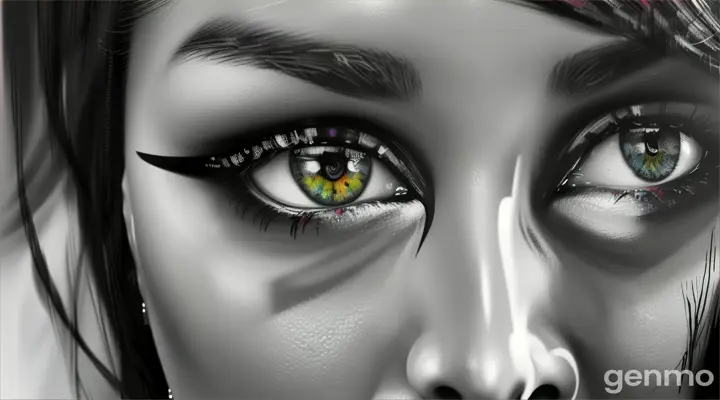 EMPHASIZE: EYES. a painting of a woman in black and white