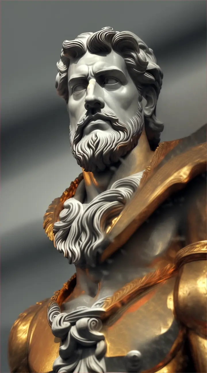 The chiseled six-pack golden color statue of stoic philosopher Marcus Aurelius surrounded by black and white minimalist elements, focusing on shadows and highlights and fire and thunderstorm 
