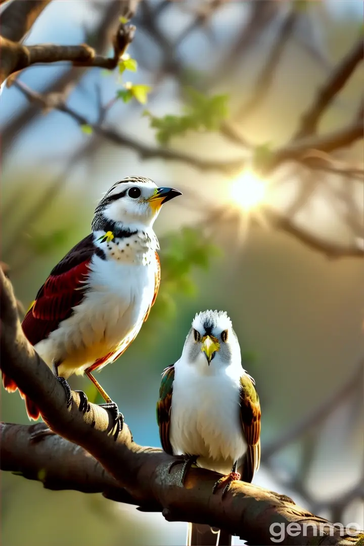 a couple of birds sitting on top of a tree branch