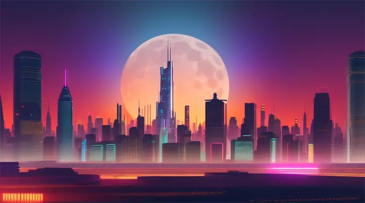 Gigantic moon over a tranquil city, neon lights, digital illustration