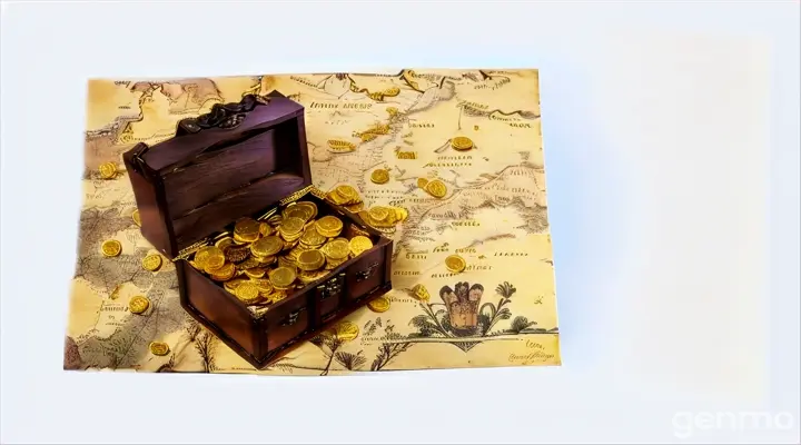 a chest of gold coins sitting on top of a map