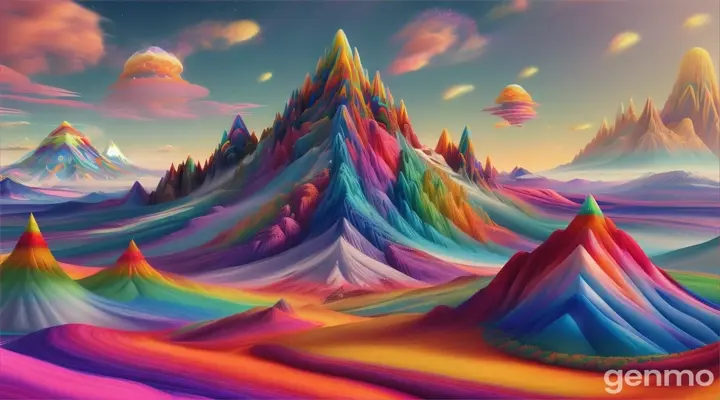 a raibow swirl high like ice cream mountian with strange human aliens weaving  pixar 3d