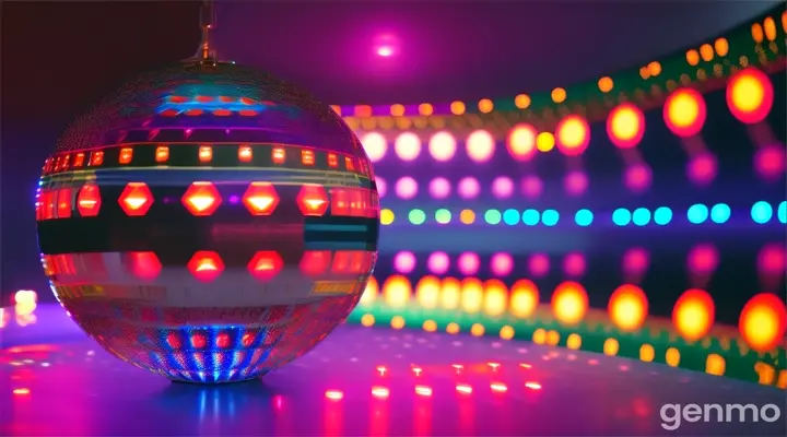 A disco ball casting multi-colored lights onto a dancefloor with a mesmerizing, interlocking geometric pattern