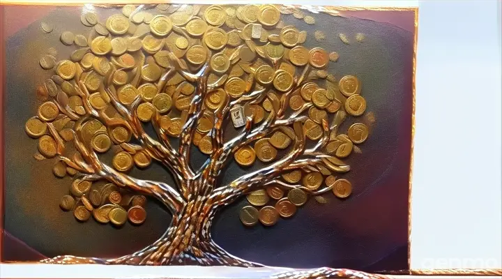 a painting of a tree with lots of coins on it