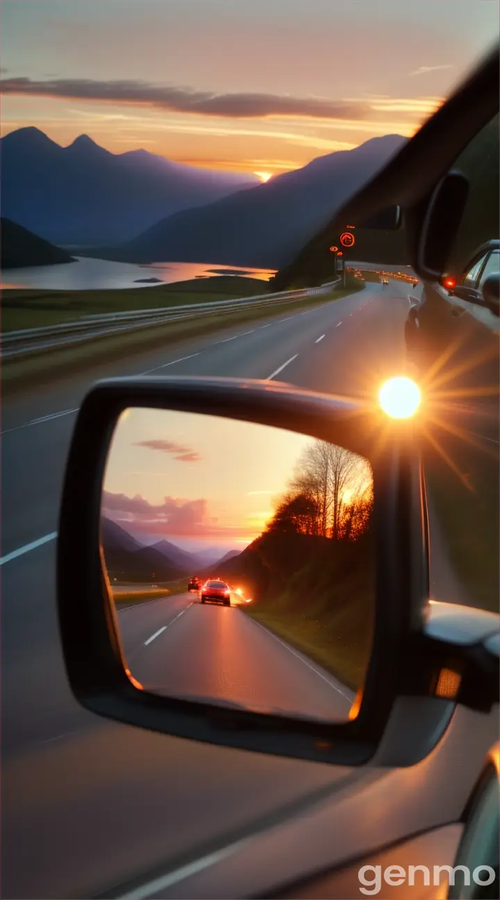 The car is driving along the road, at sunset in the rearview mirror, a stunning sunset and a calm landscape are reflected