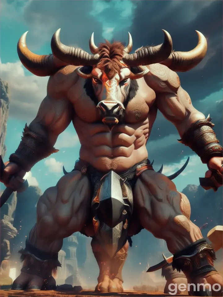 A bull faced minotaur with a giant axe, detailed, manga style