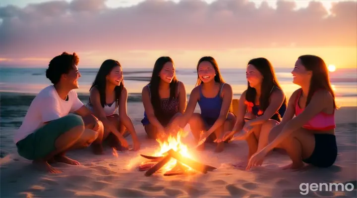 Group of friends at a beach bonfire, energetic and warm mood, photo