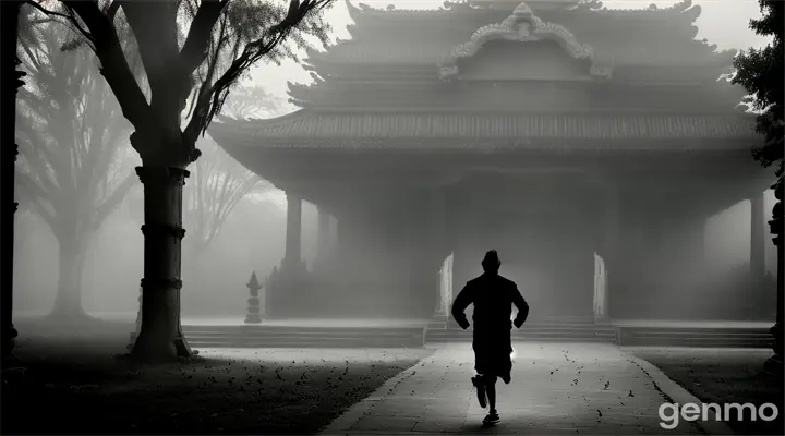 A terrifying, shadowy figure approaching Ravi. Ravi running towards an old, dimly lit temple.