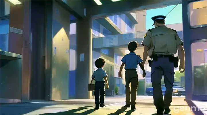 a man and a child walking into a police station