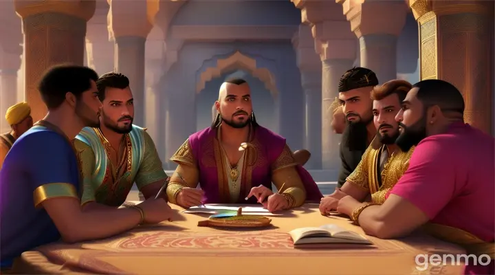 Sinbad sits with a group of men around him, telling them about his adventures