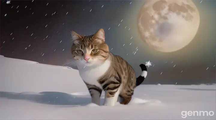 Cat walking on the big moon at night. It is snowing very big and fast. 