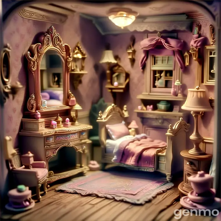 a doll house bedroom with a bed, dresser and mirror