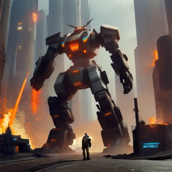 vanced technology, depicting epic clashes and awe-inspiring feats of engineering.
On-theme examples could include:
Detailed close-up of a mech's hydraulic joints and armored plating.
Dynamic action scenes featuring mechs engaged in combat amidst a futuristic cityscape.
A mecha repair bay with engineers conducting maintenance on towering robots.