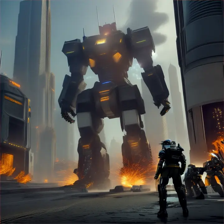 vanced technology, depicting epic clashes and awe-inspiring feats of engineering.
On-theme examples could include:
Detailed close-up of a mech's hydraulic joints and armored plating.
Dynamic action scenes featuring mechs engaged in combat amidst a futuristic cityscape.
A mecha repair bay with engineers conducting maintenance on towering robots.