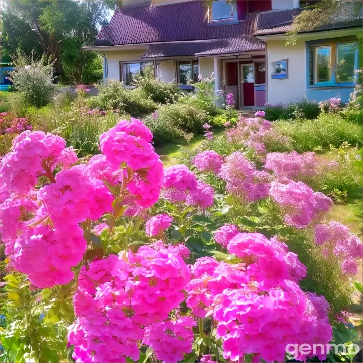 Pink phloxes in front of the country house.