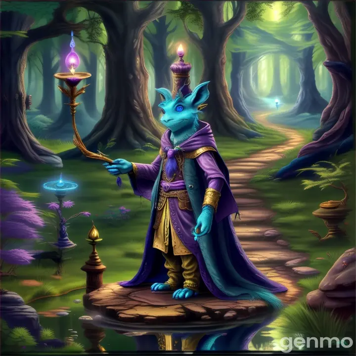 a blue creature wizard casting magic to make a portal in the forest