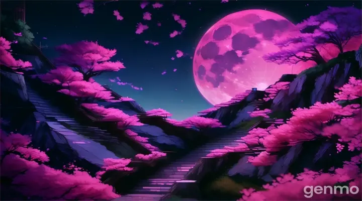 a stairway leading to a pink moon in the sky with cherry blossoms all around