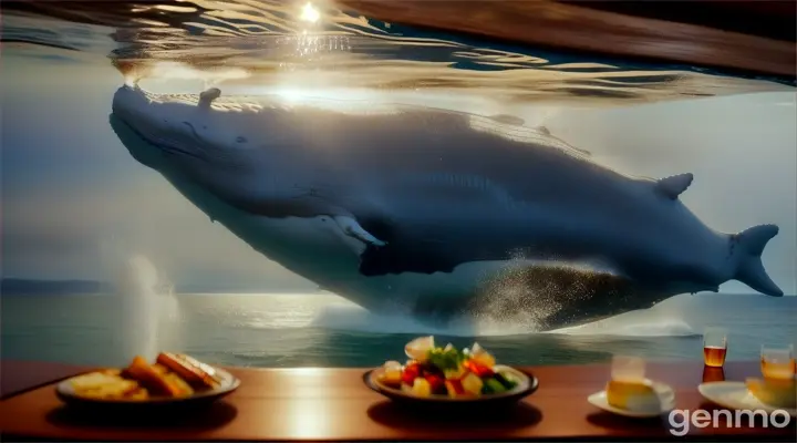 Please make A huge whale🐋 come from sea and eating several food on biggest dinning table 