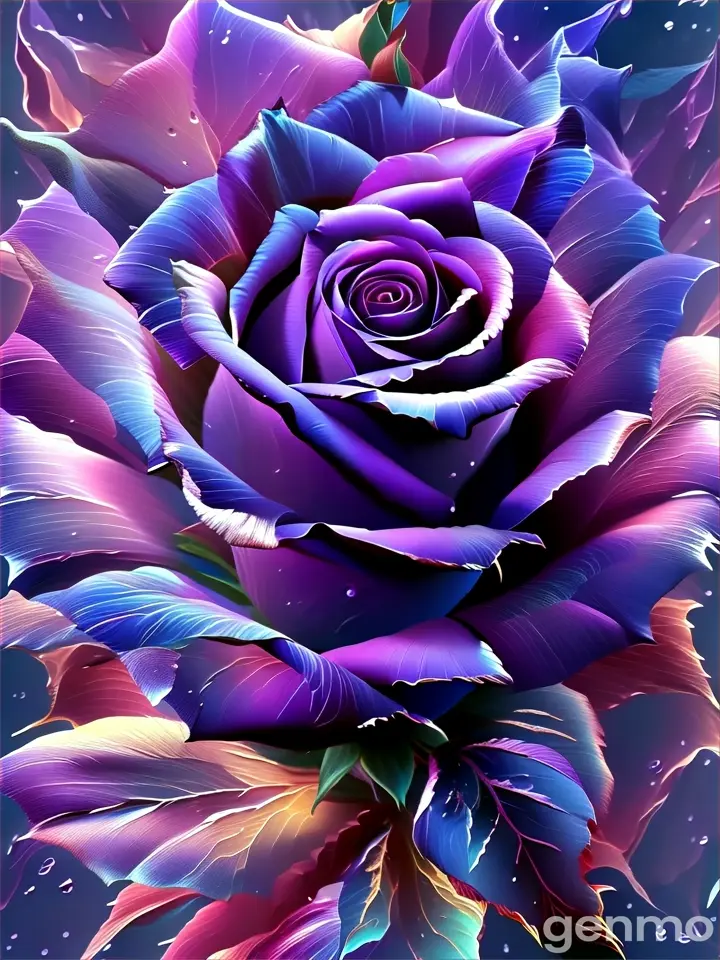 Painting of a purple rose on a blue background, fluttering like a butterfly