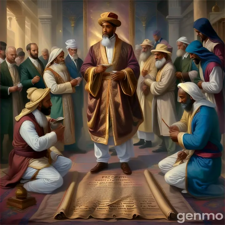 a painting of a man surrounded by other men give motion to this picture