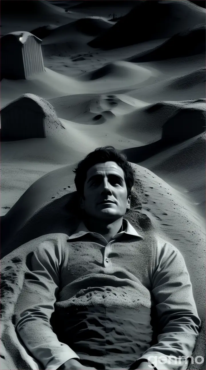 a black and white photo of a man buried in sand