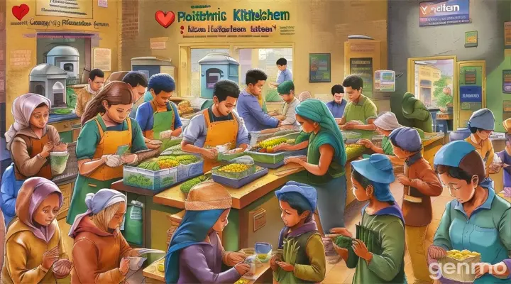 a painting of people in a public kitchen give motion to the picture