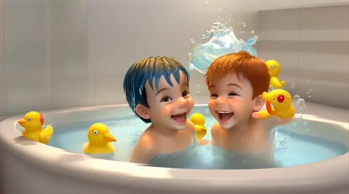 erstelle ein 3d animation cartoon video of two toddler boy who are bathing in a bright bath room, they are laughing and have fun