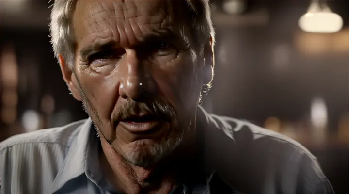 detail of a tear in the eye of a wrinkled, overgrown - unshaven face, an old sad man, Harrison Ford, bruises and scratches on his face. A man is sitting in an old dark smoky pub, bottles and glasses of alcohol on the table, draft beer with foam, a very smoking cigarette. high resolution color image