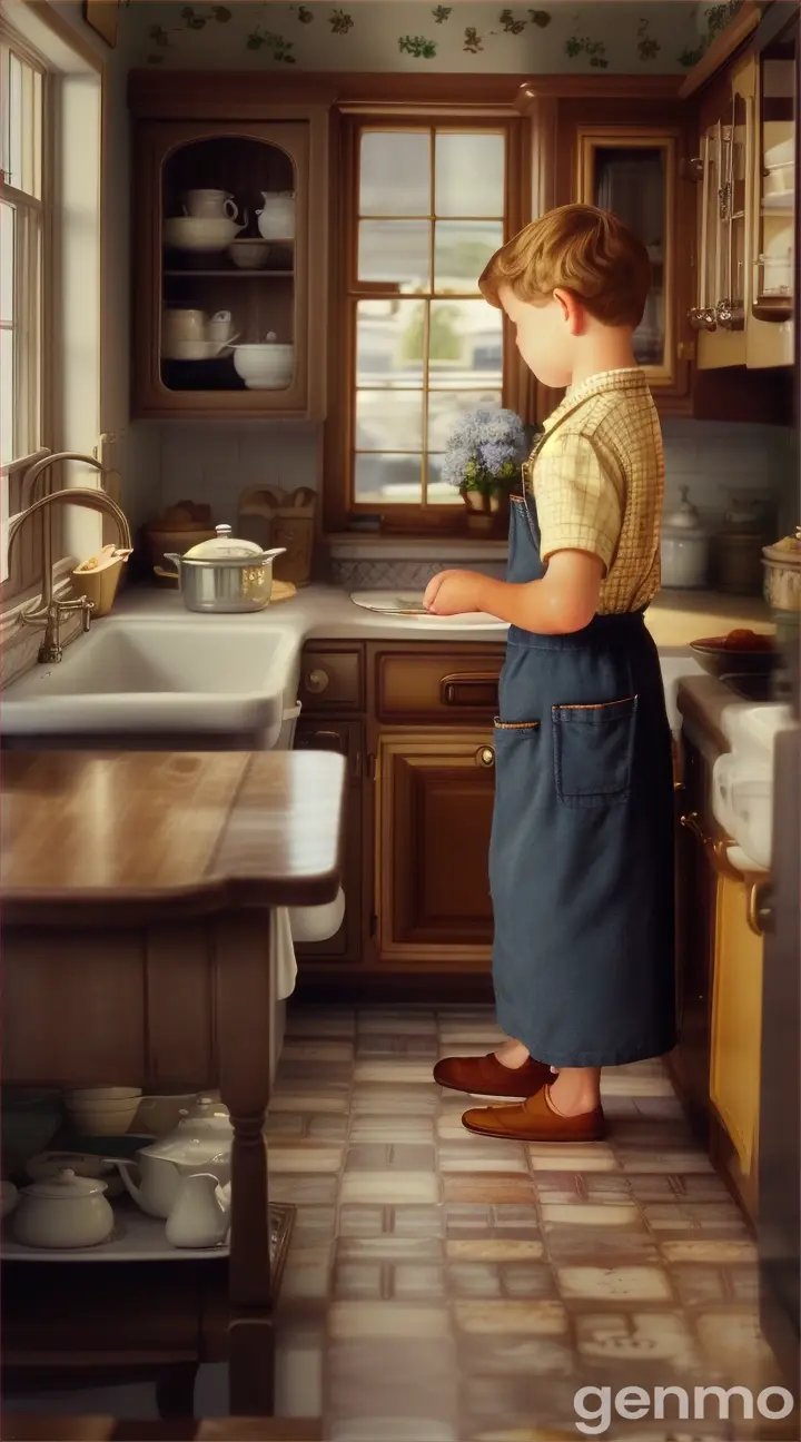 A cozy kitchen scene at 7 PM, with a grandmother preparing dinner while the boy washes his hands."