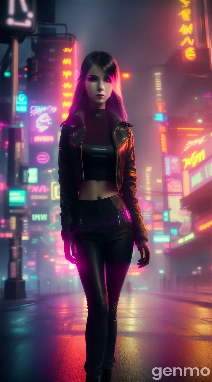 city street, neon, fog, volumetric, closeup portrait photo of young woman in dark clothes